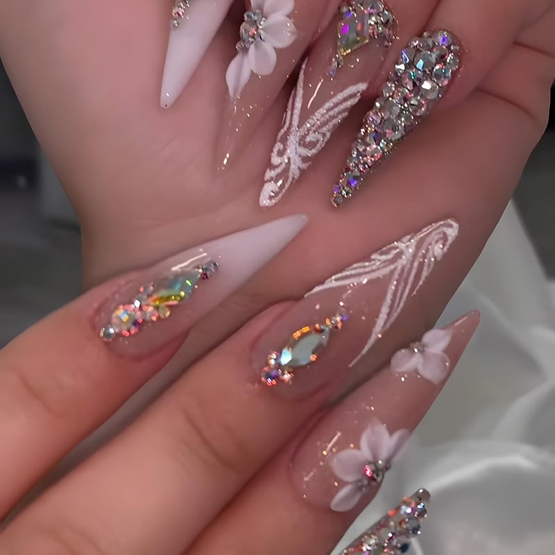 CJDLTS French Tip Press on Nails Long Length Rhinestones False Nail Flower Glitter Powder Stripes Design Full Cover Artificial Almond Stick on Nails Nude Acrylic Glue on Nail for Women Manicure 24Pcs - Image 3